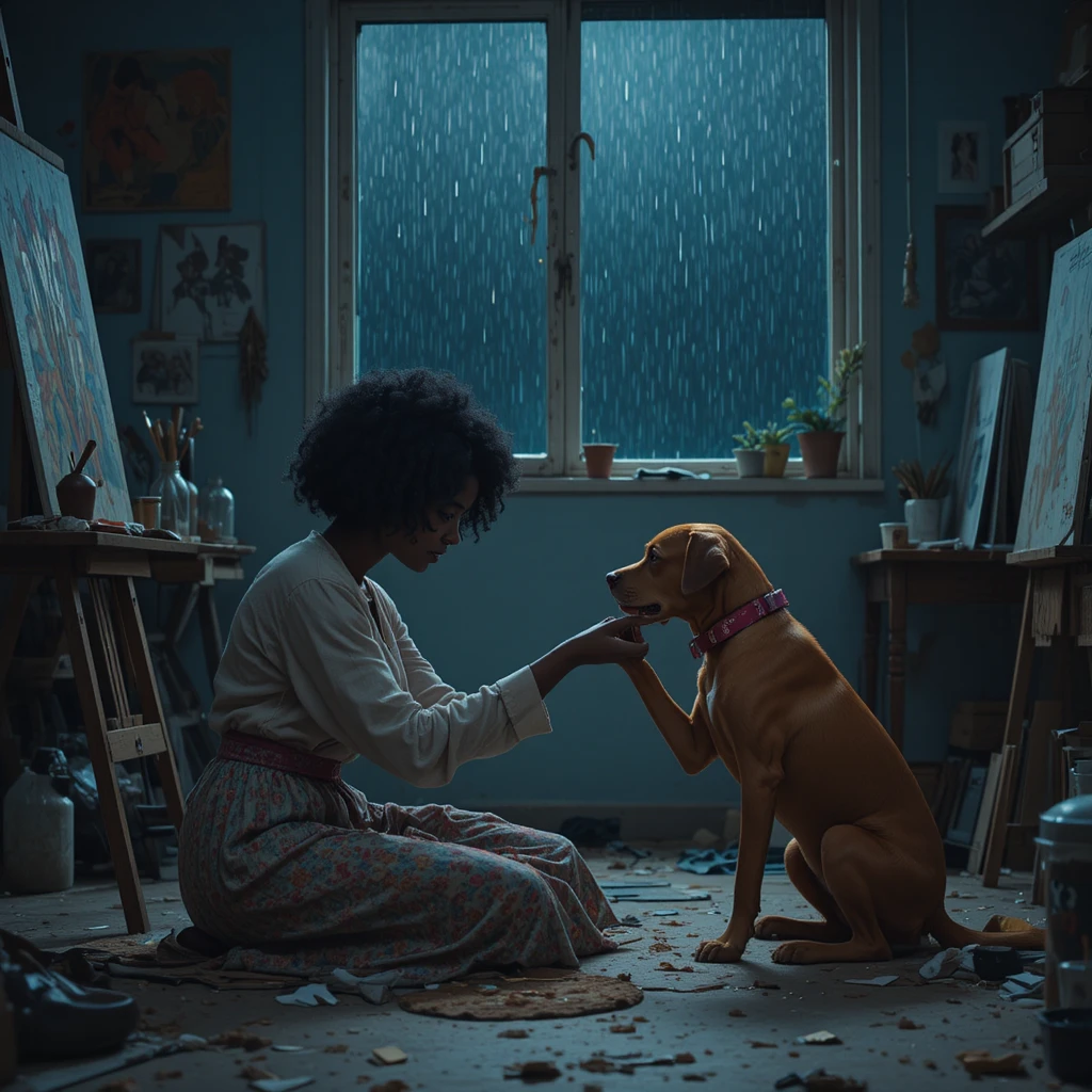 Crying woman comforted by dog in quiet art studio at night
