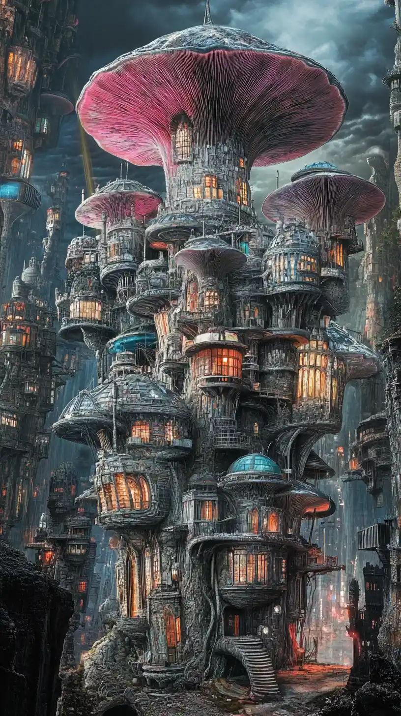 Futuristic city grown from a single colossal mushroom