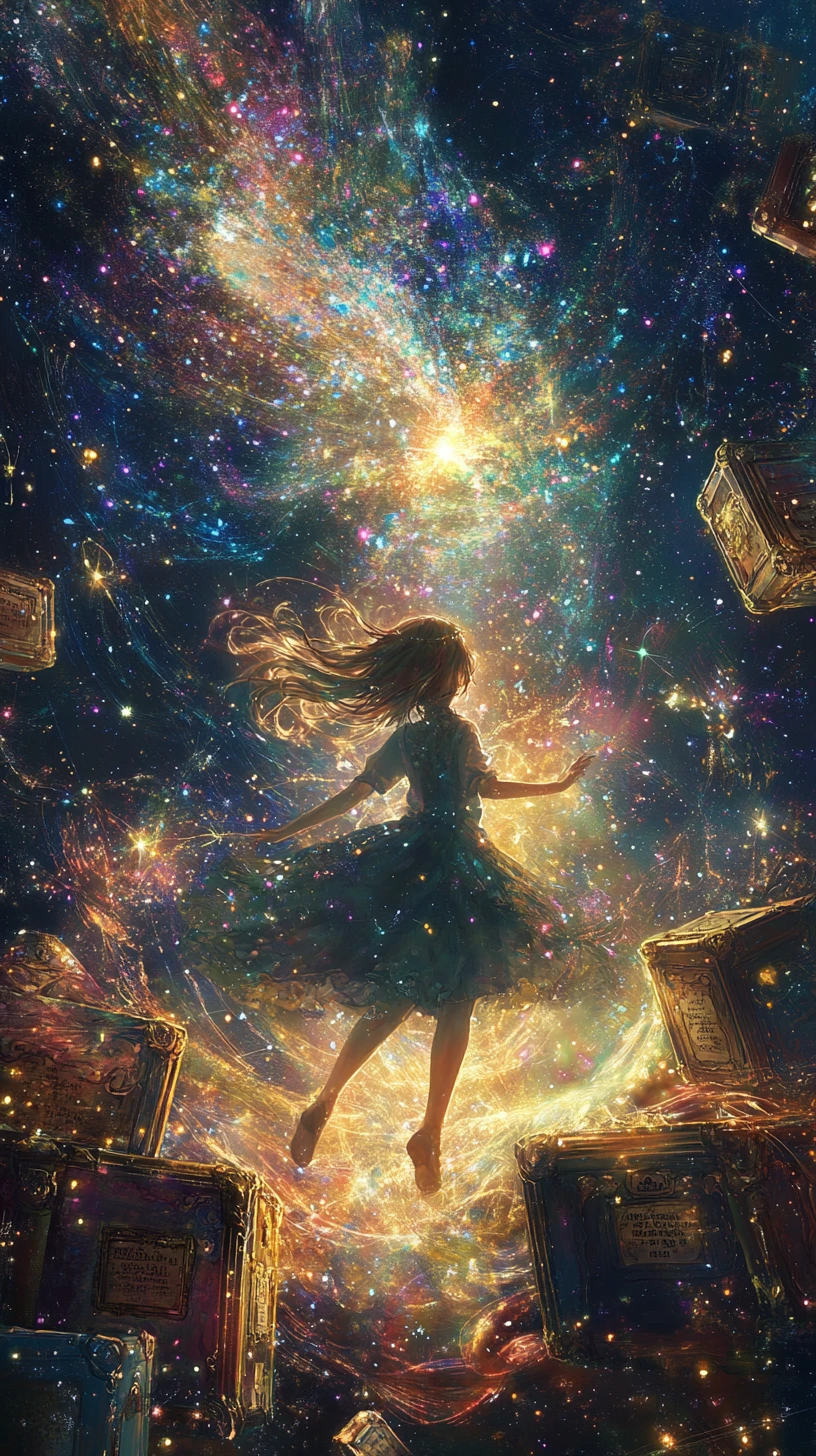 Anime girl dancing in a glowing fantasy realm
