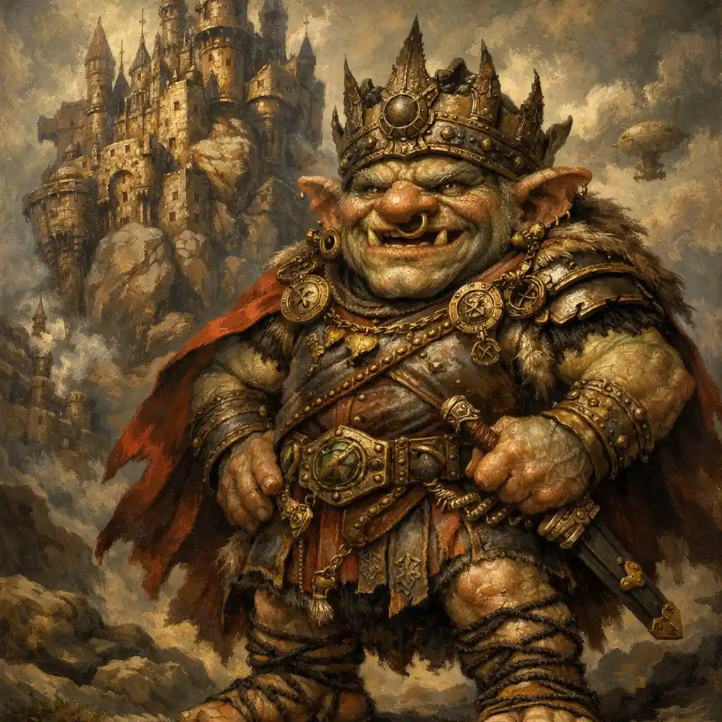 Roi troll royal devant un colossal château fantastique en pierre