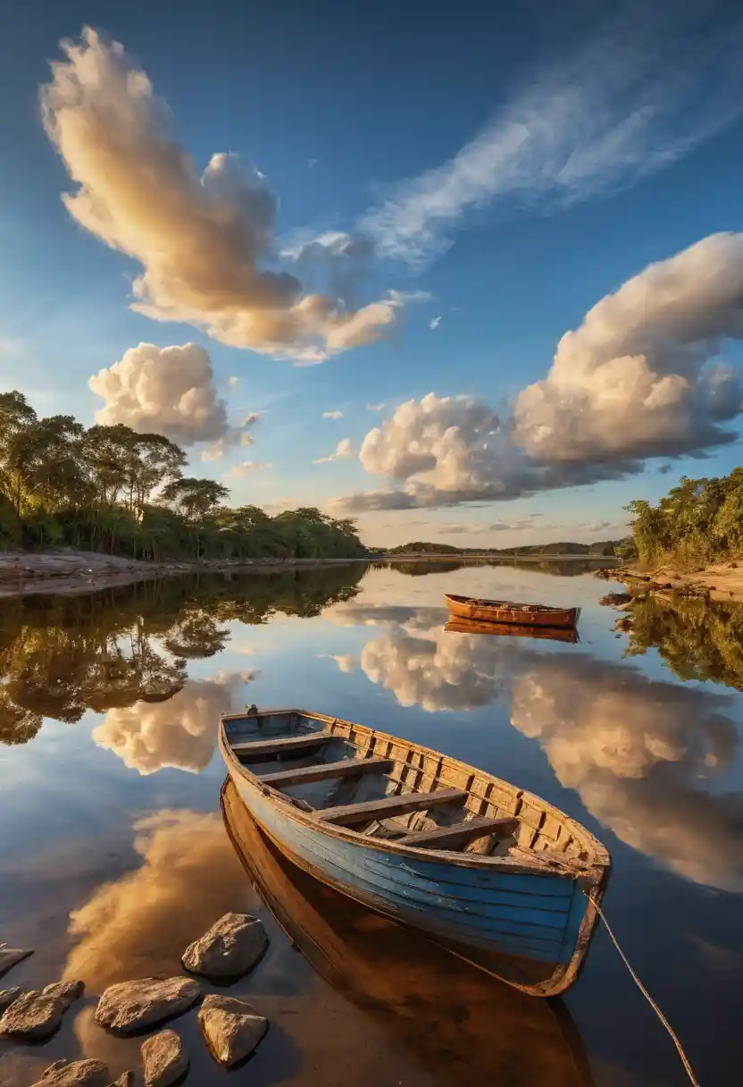 Paisagem de rio na hora dourada com barco de madeira solitário