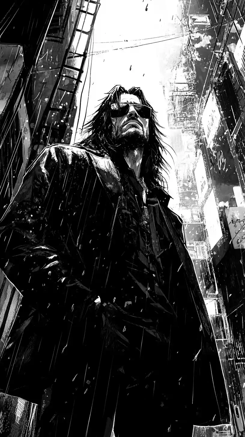 Detective noir in un vicolo piovoso con sguardo intenso