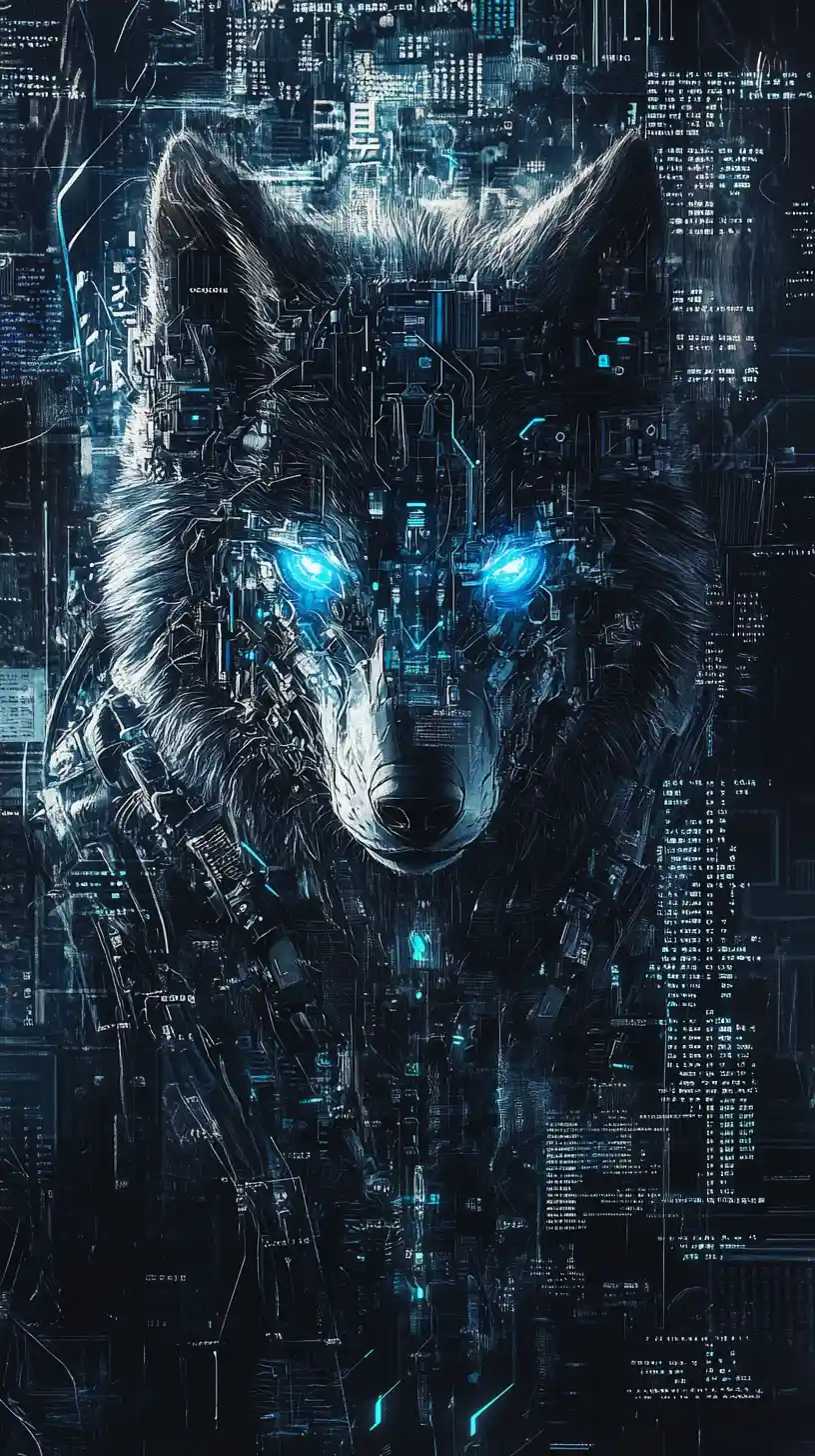 Cabeça de lobo cibernético com olhos de néon no caos digital