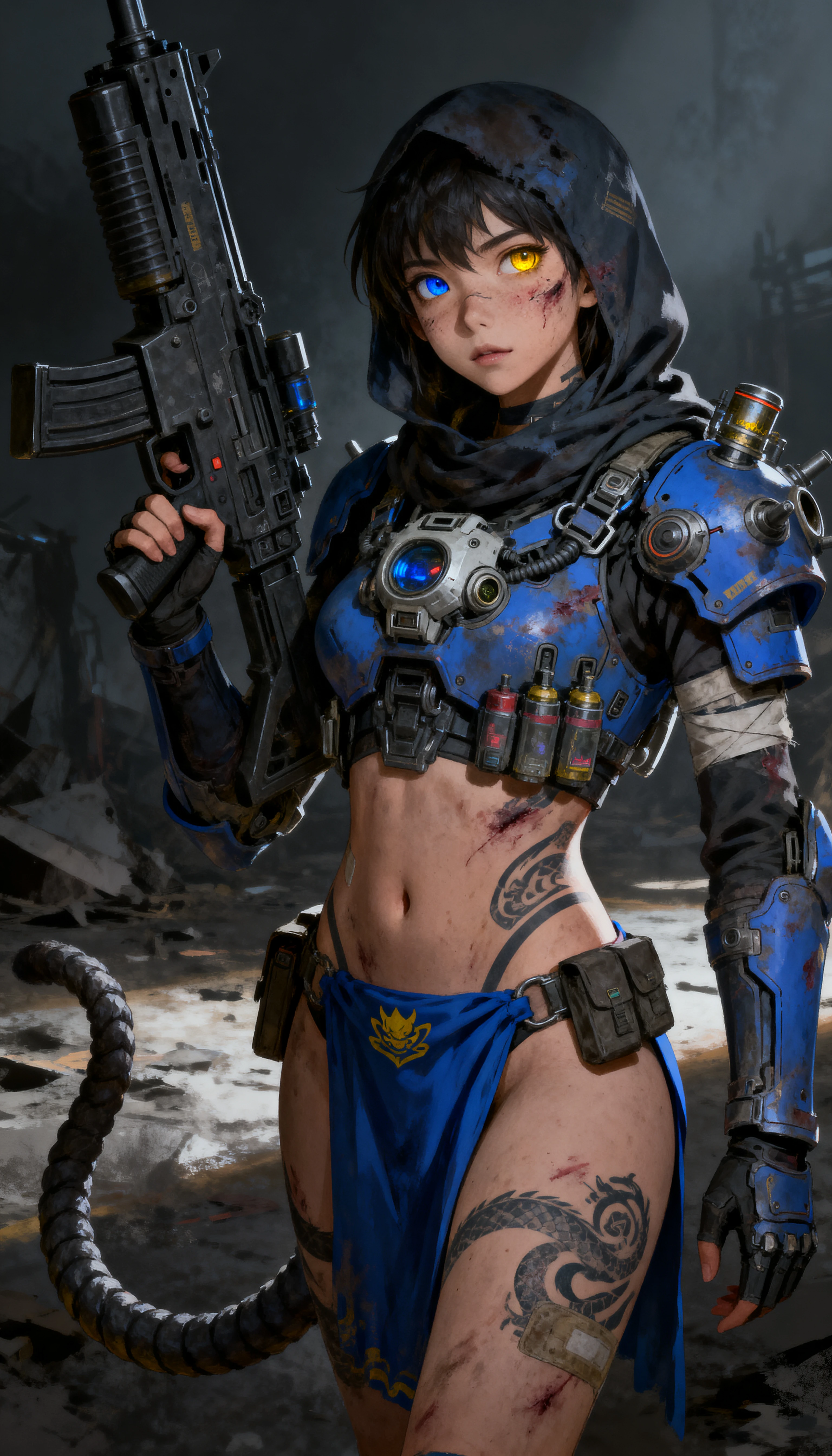 Close up warrior woman with scars and blue armor