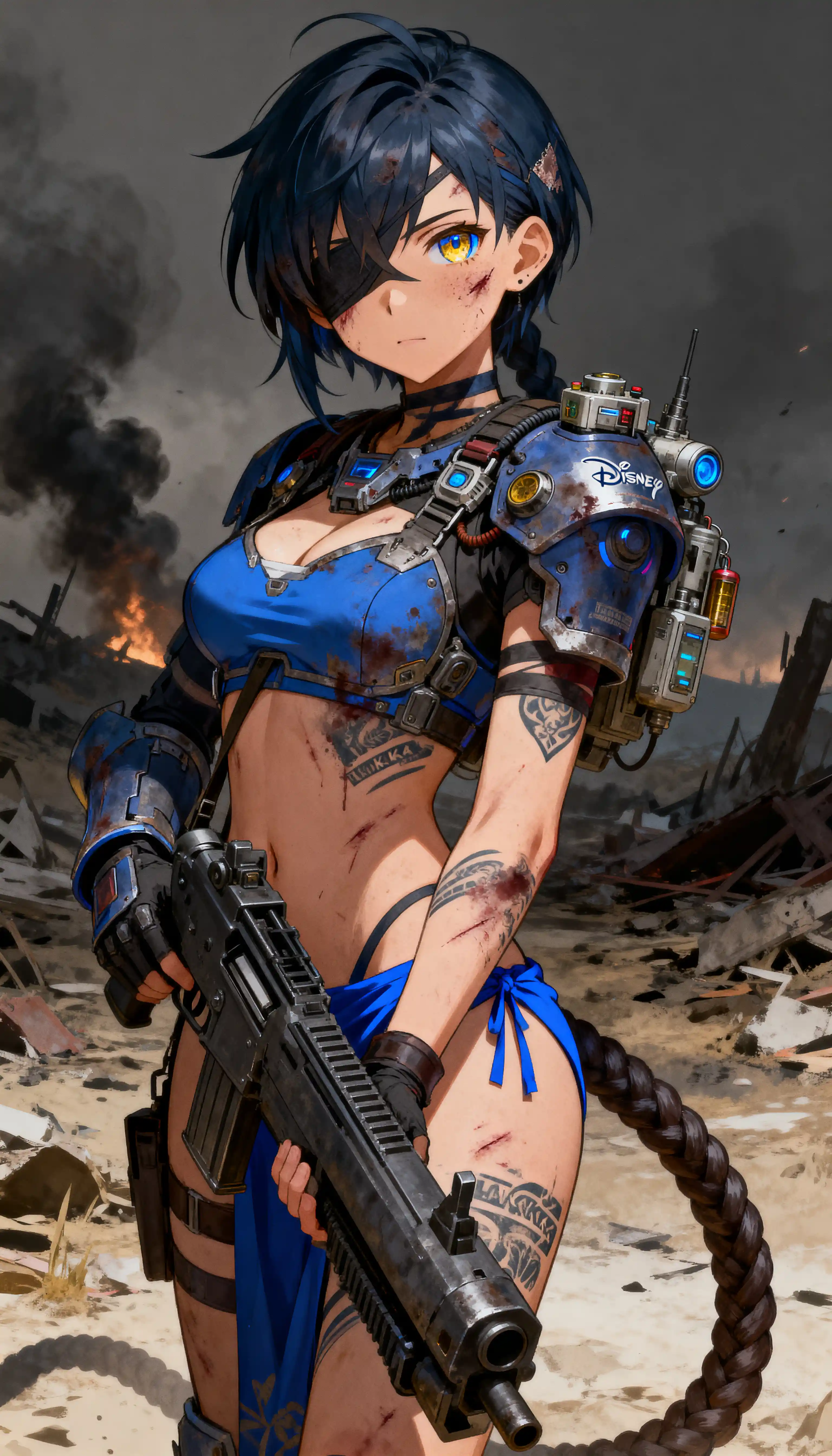 Close up of tattooed warrior woman with golden blue eyes