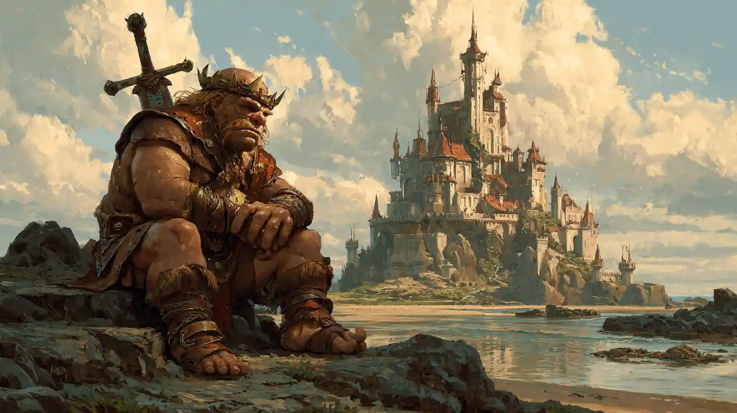 Roi troll royal devant un immense château fantastique en pierre