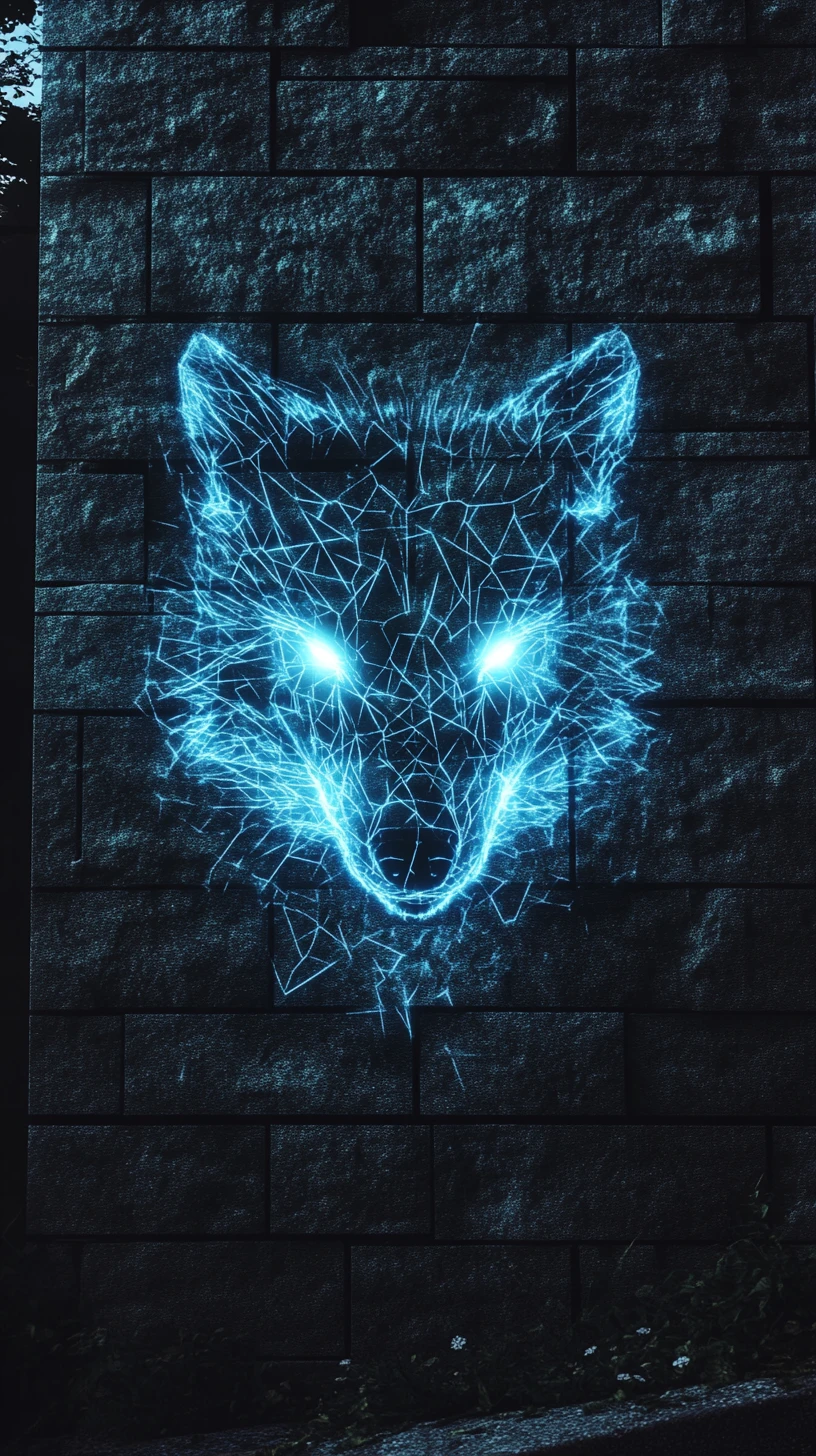 Fachada de casa monolítica mística com lobo espectral brilhante