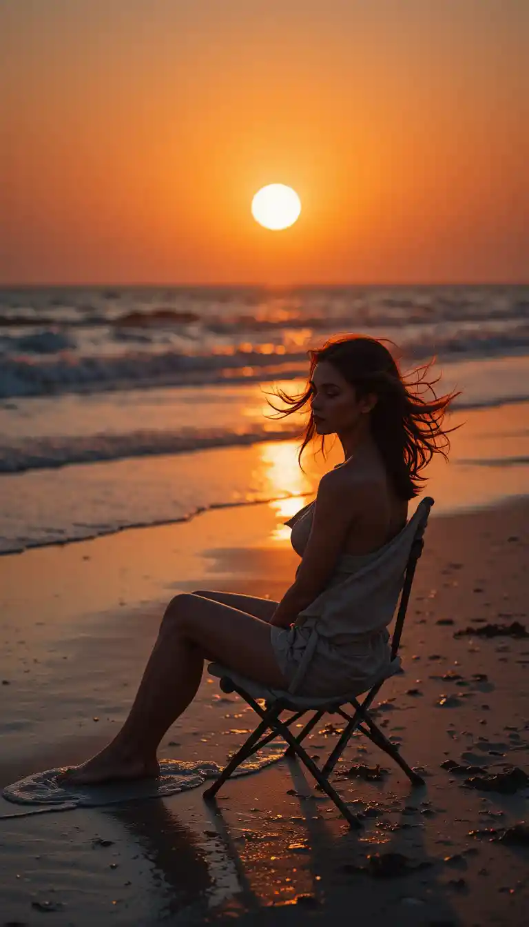 Mulher em silhueta na praia ao pôr do sol com mar brilhante