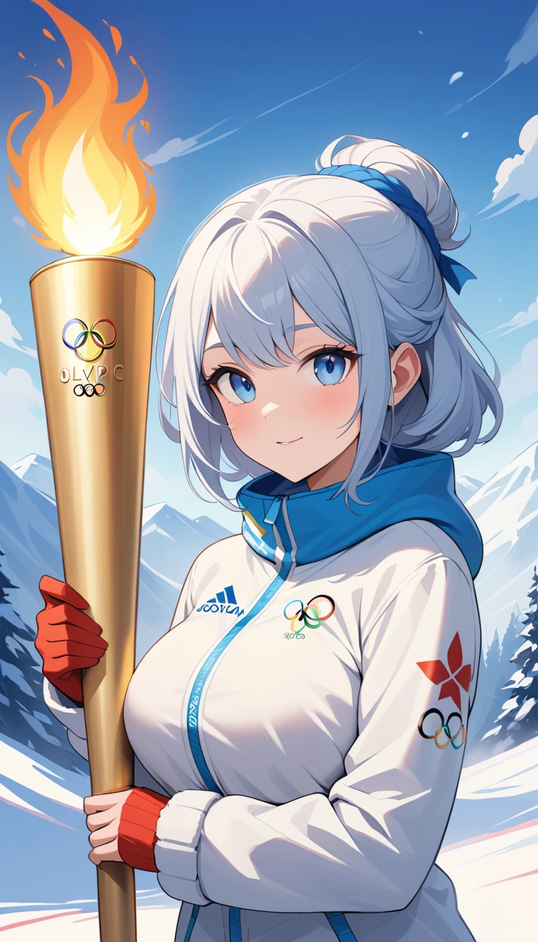 Blonde Scandinavian woman holding the Winter Olympic torch