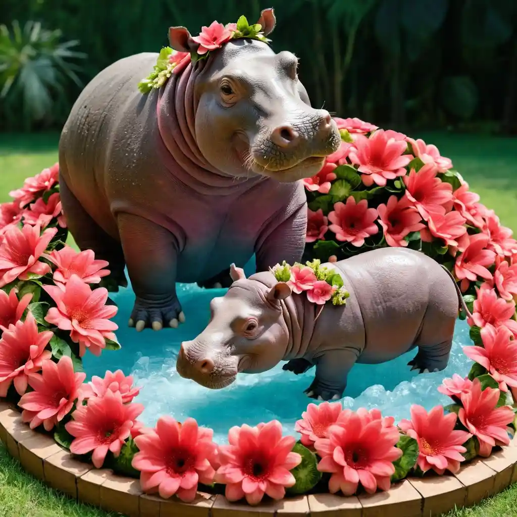 Hippopotame et bébé hippopotame floral éclaboussant dans une piscine de pastèques