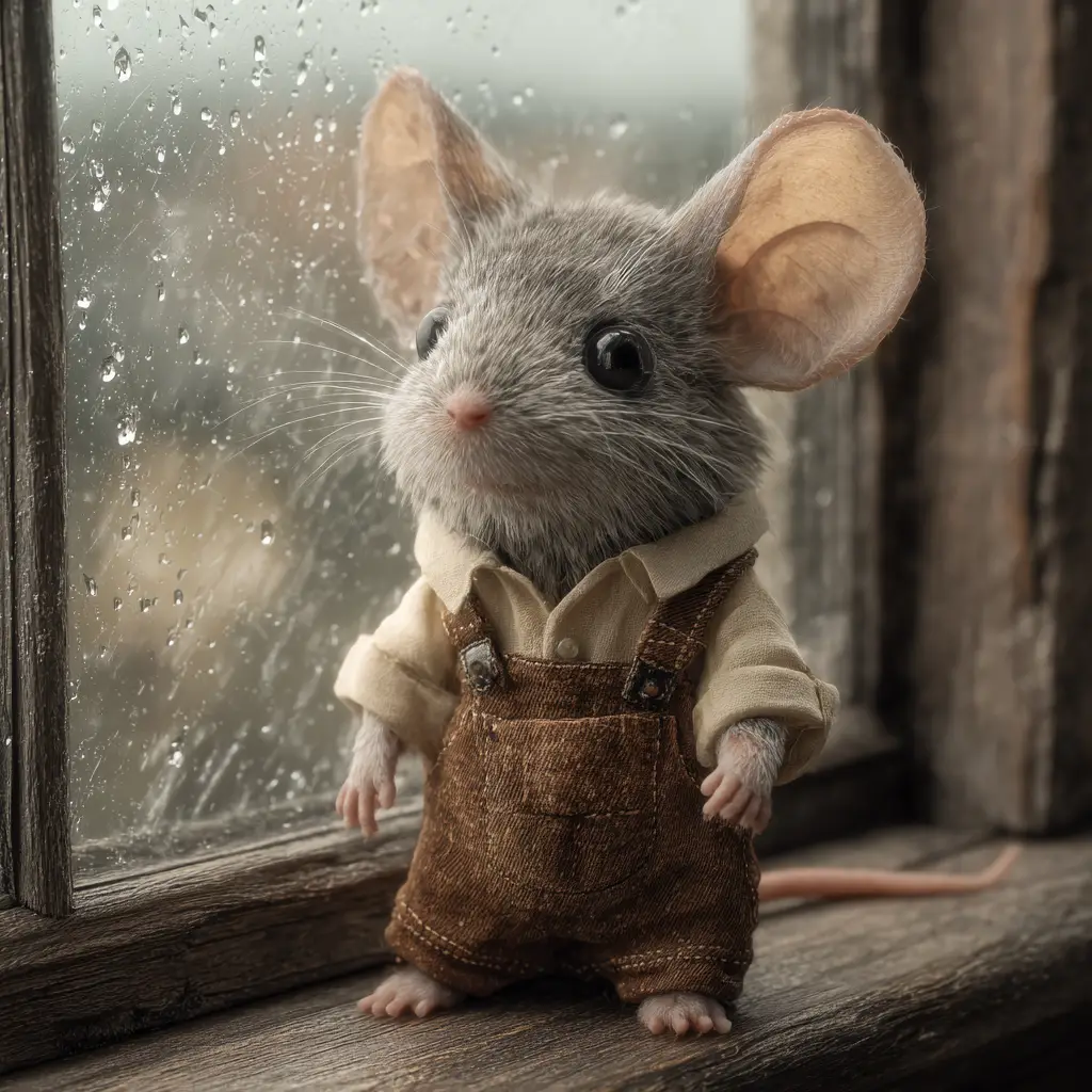 Niedliche 3D-Maus, die auf einer regennassen hölzernen Fensterbank ruht