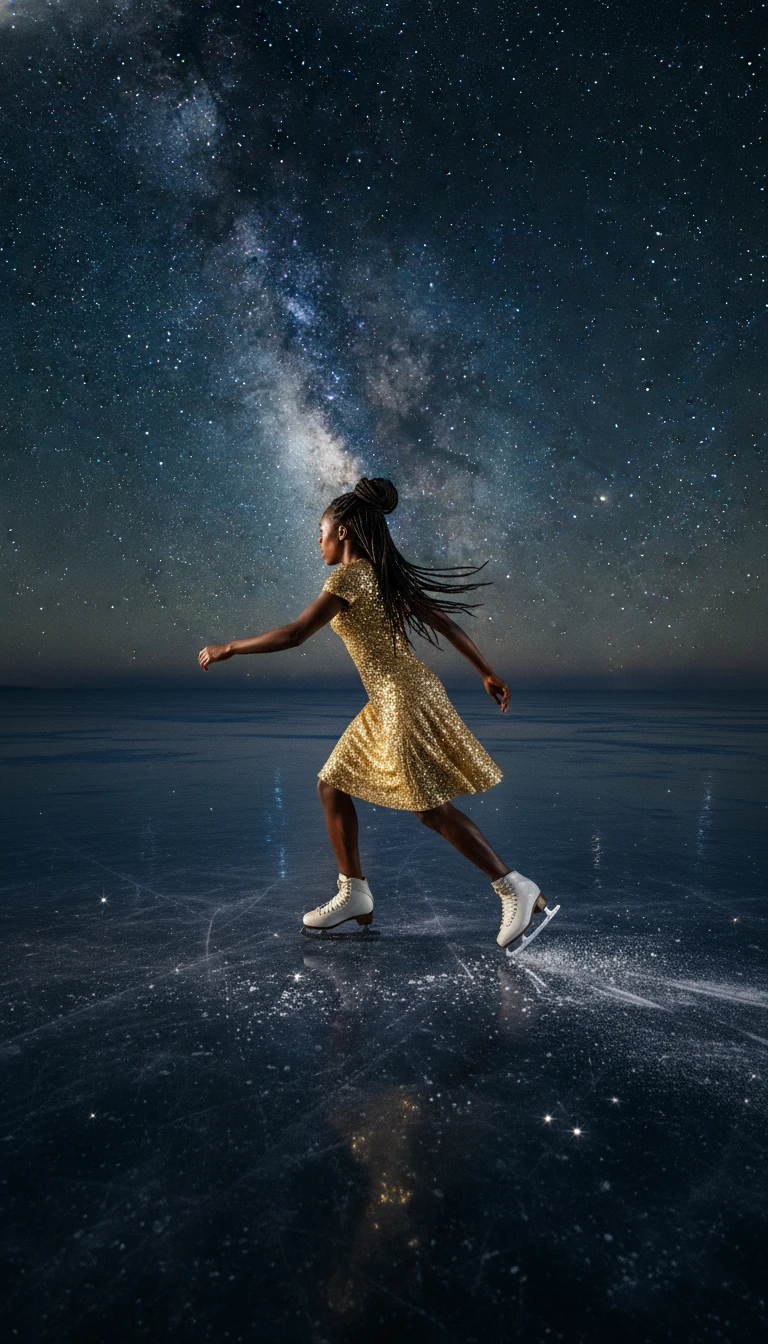 Patineuse artistique noire glissant seule sur un vaste lac gelé