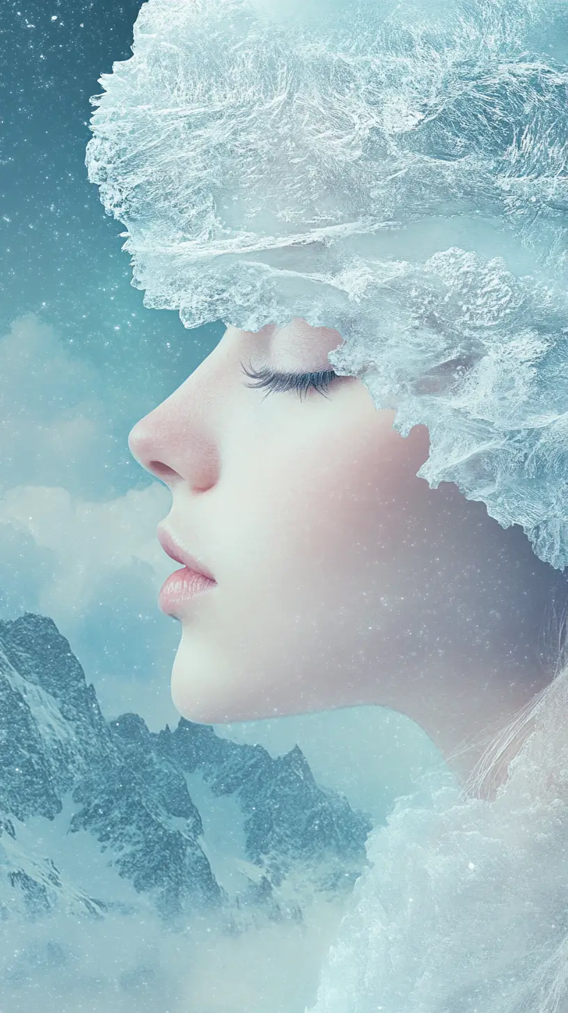 Surrealistisches Winterporträt einer Frau mit schneebedeckten Bergen