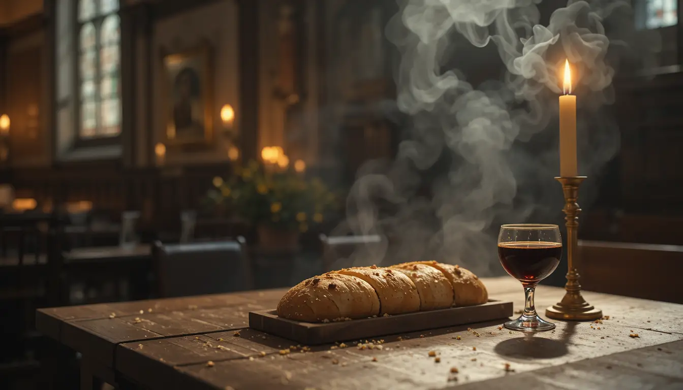 Brot und Wein auf einem hölzernen Altar in einer kerzenbeleuchteten Kirche