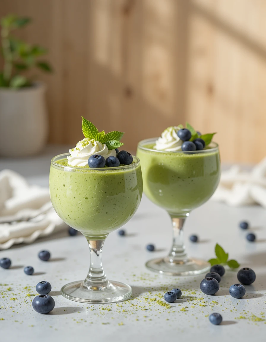 Sobremesas de mousse verde com mirtilos em bancada cinza
