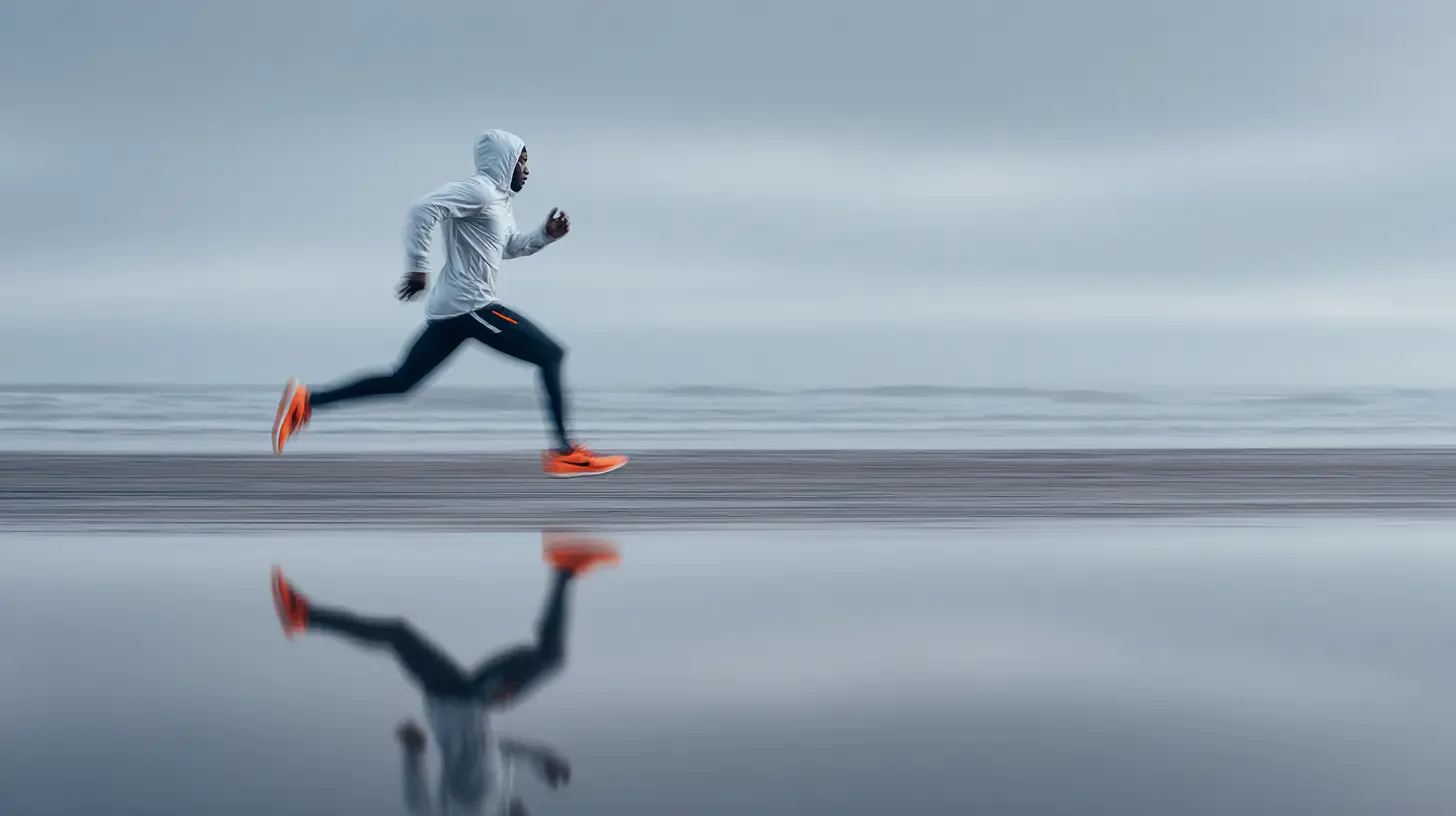 Runner sprinting across reflective surface in minimal space