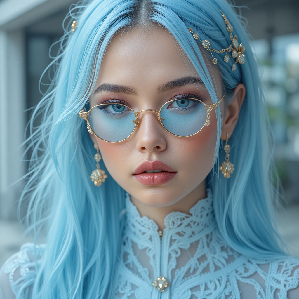 Modern icy blue streetwear with gold and lace details