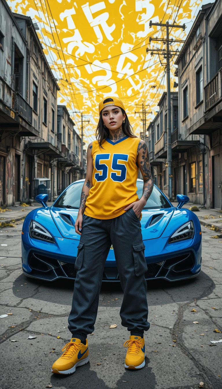 Mulher tatuada posando diante de carro esportivo azul em ruínas urbanas