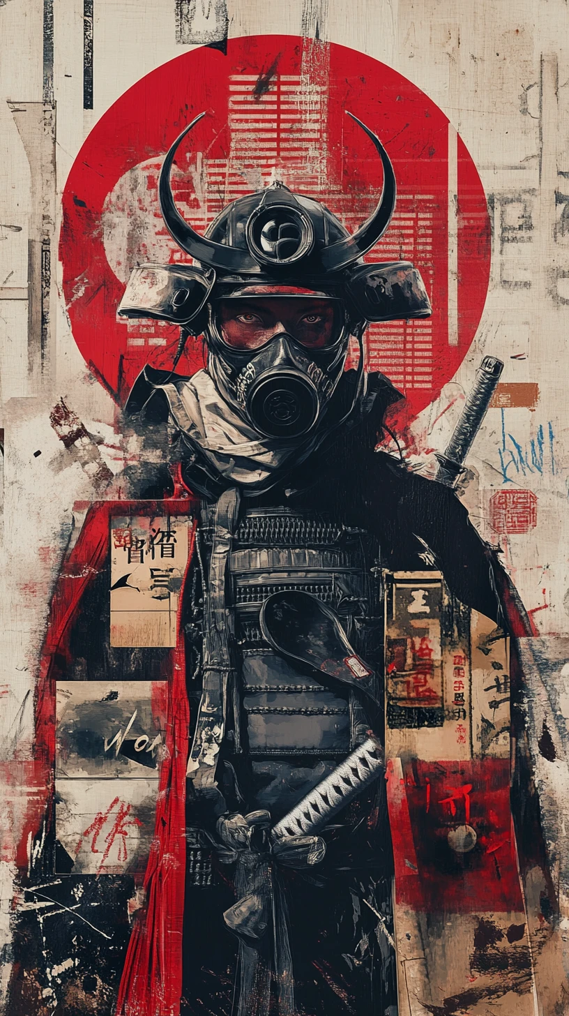 Samurai cyberpunk com máscara de gás diante de pôsteres japoneses em camadas