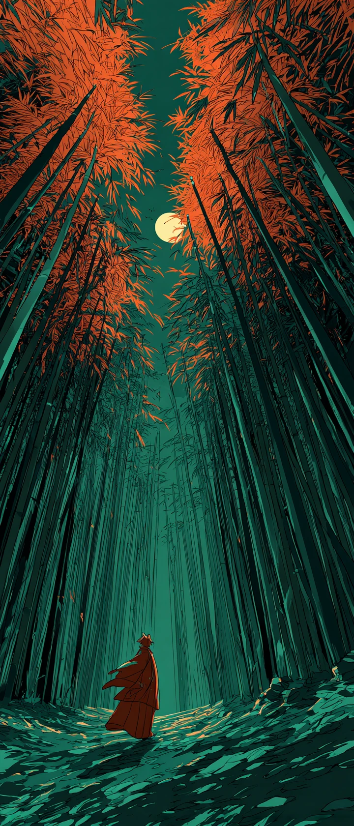 Fox spirit girl leaping through glowing bamboo forest
