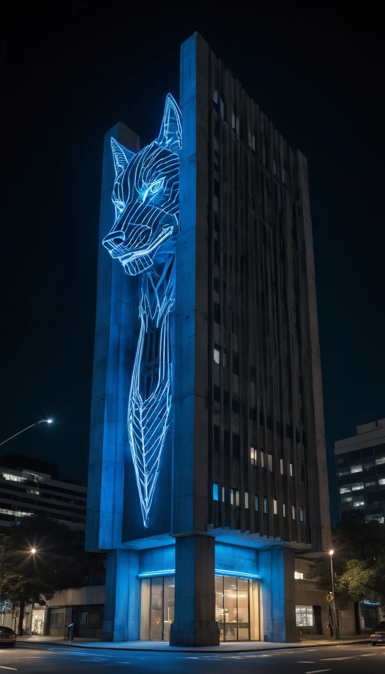 Grattacielo brutalista con scultura di lupo al neon nella notte