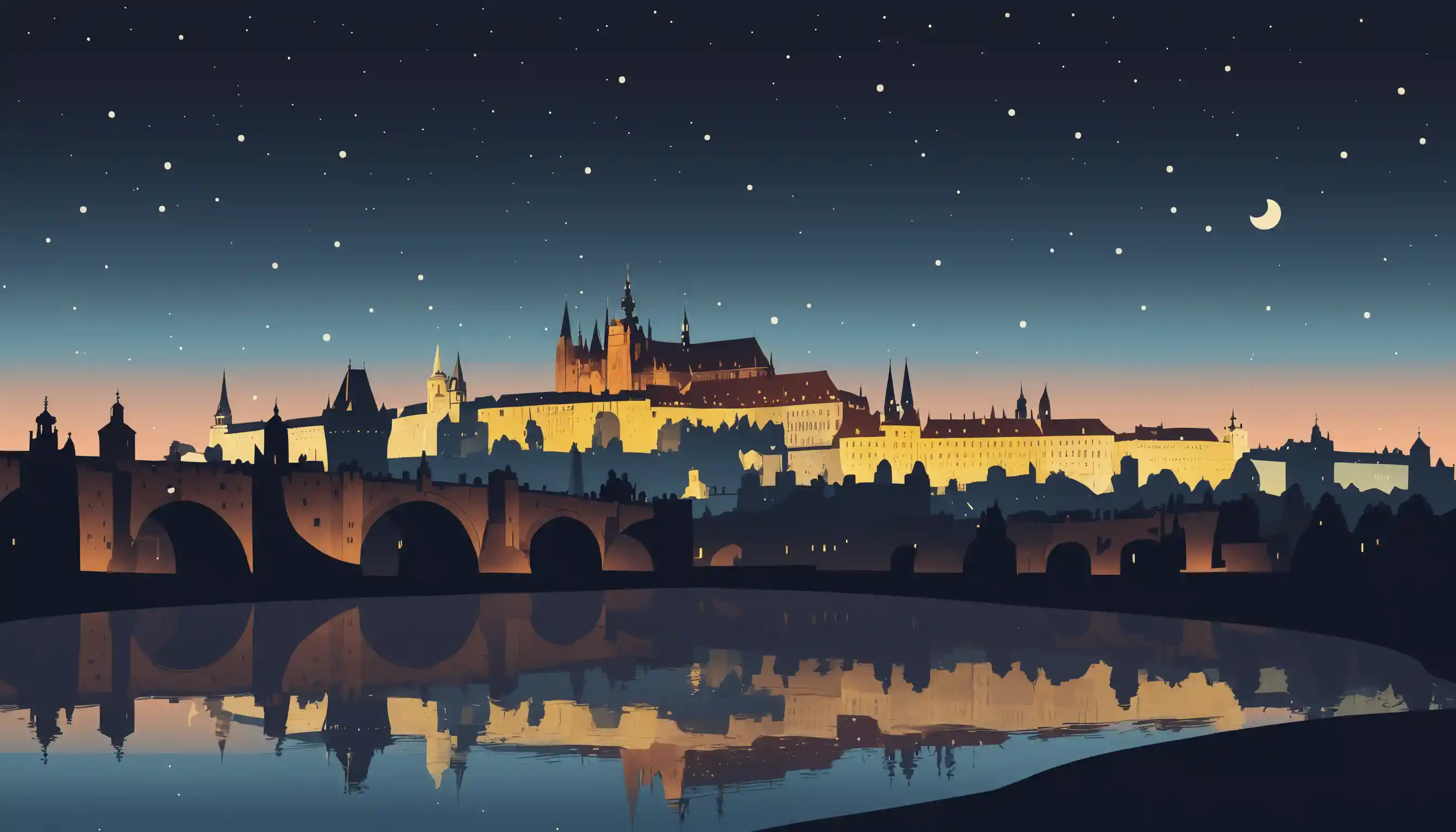 Ilustração minimalista de cidade à noite com castelo e placa de loja