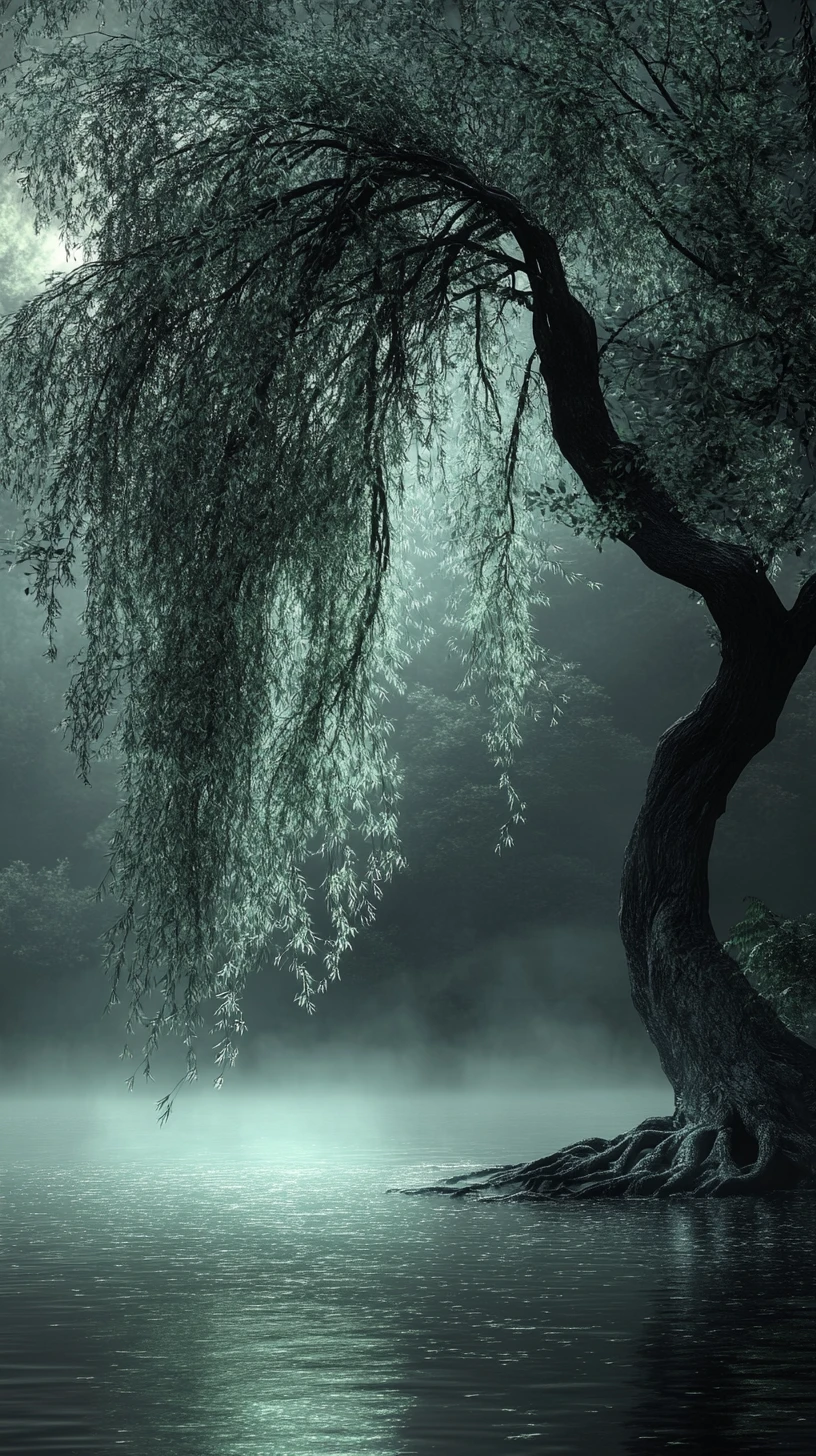 Ancient Willow Beside A Misty Moonlit Lakeside