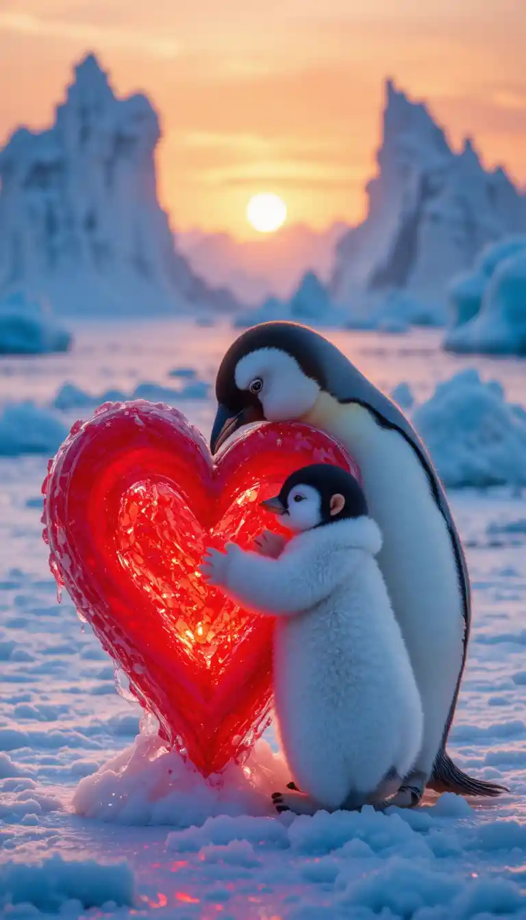Mamma pinguino e pulcino che abbracciano un cuore rosso sul ghiaccio al tramonto