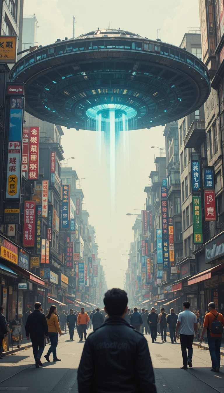 UFO hovering above a busy modern city street