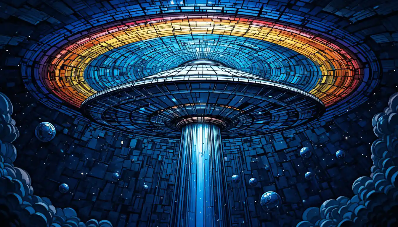 Futuristic stained glass UFO above swirling cosmic night sky