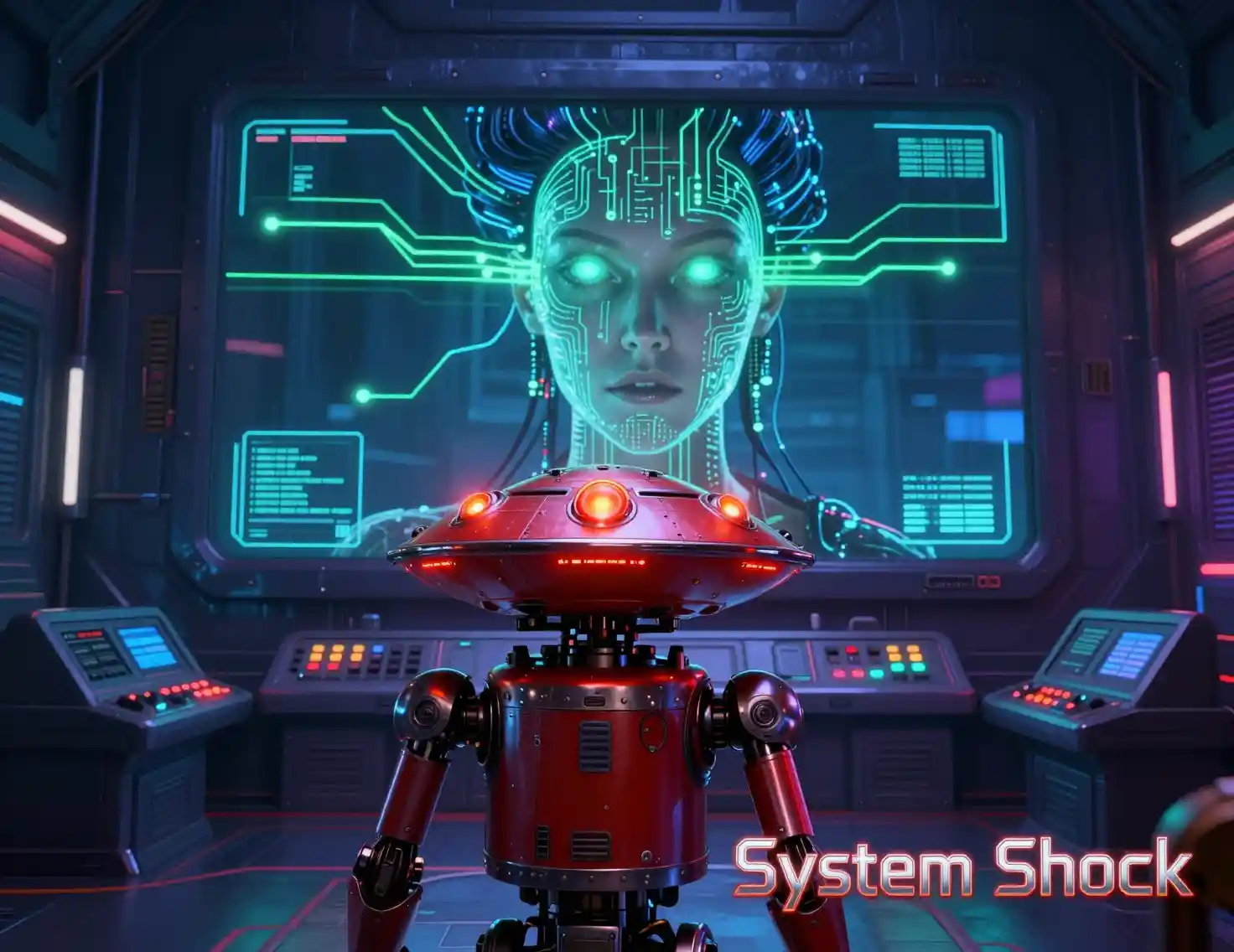 Robot futuriste face à un visage de cyborg menaçant dans une salle de contrôle