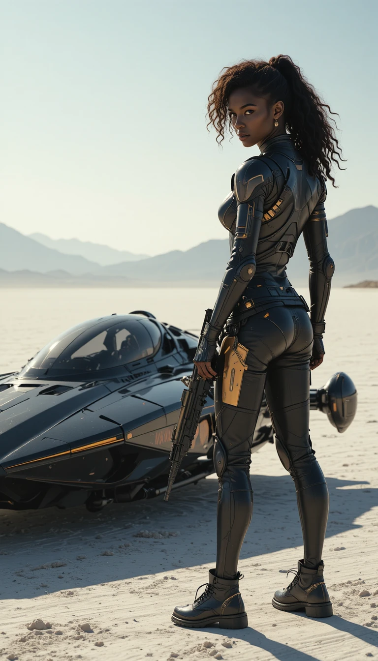 Afrofuturistische Kopfgeldjägerin neben Hovercraft auf Salzpfanne