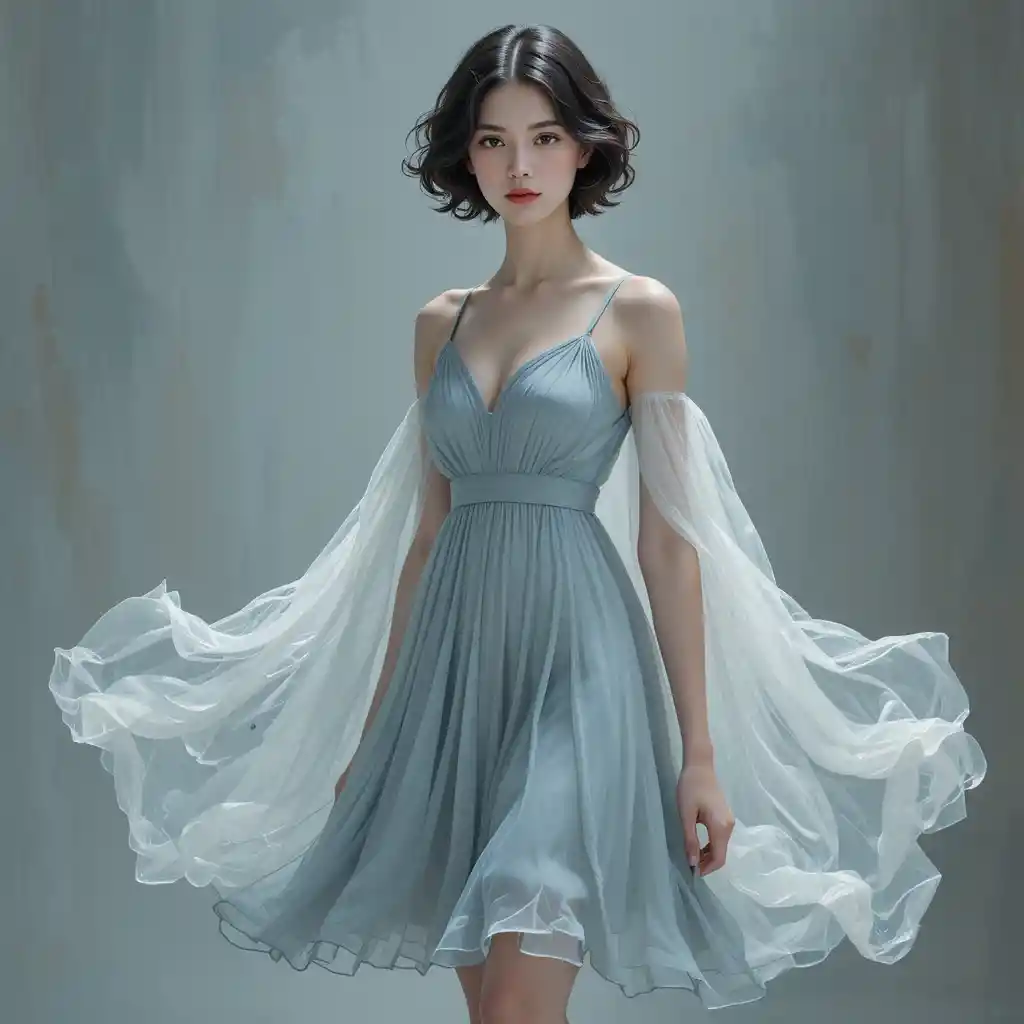 Joven mujer con vestido azul y capa blanca ondeante