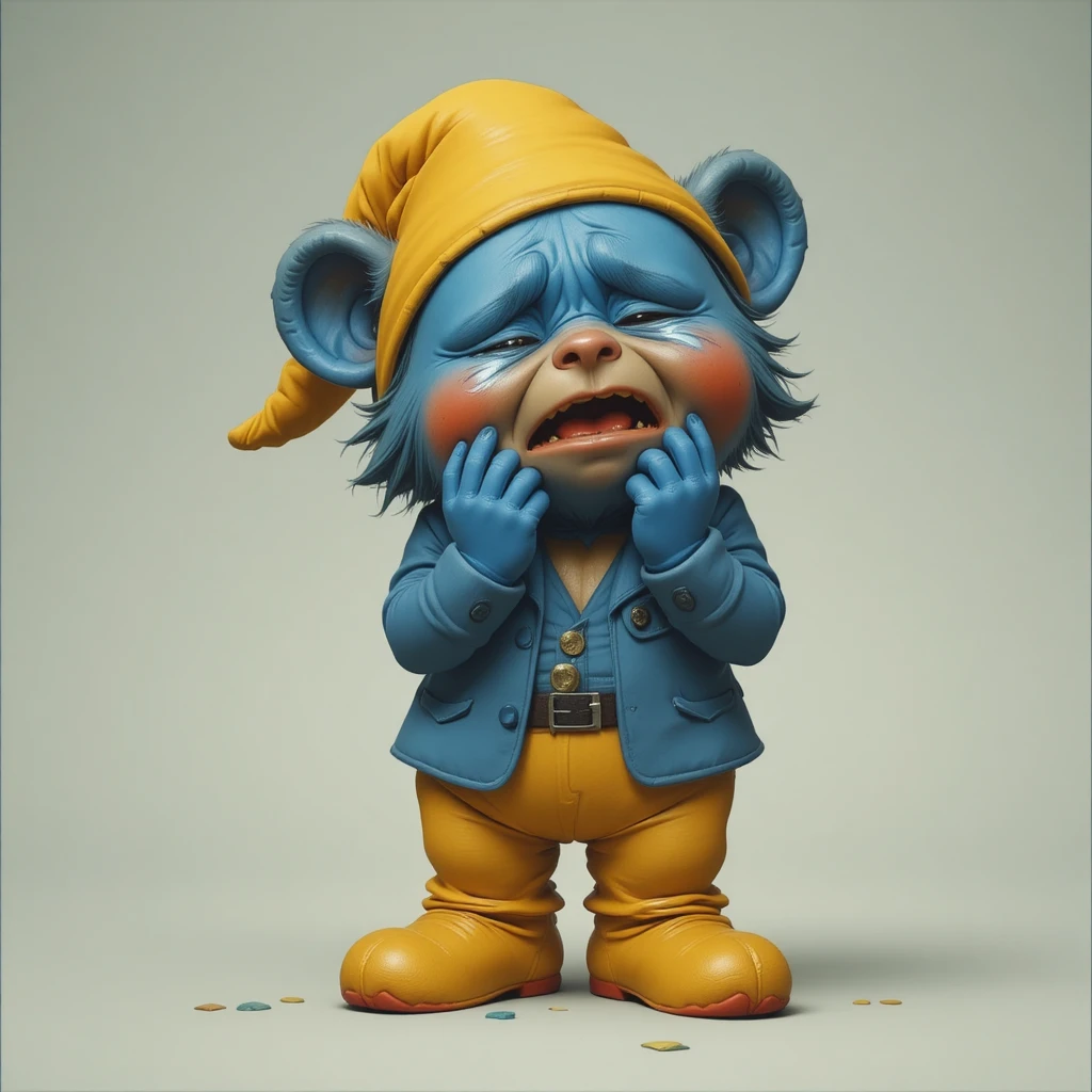 Petit ours bleu en costume pleurant avec une casquette jaune