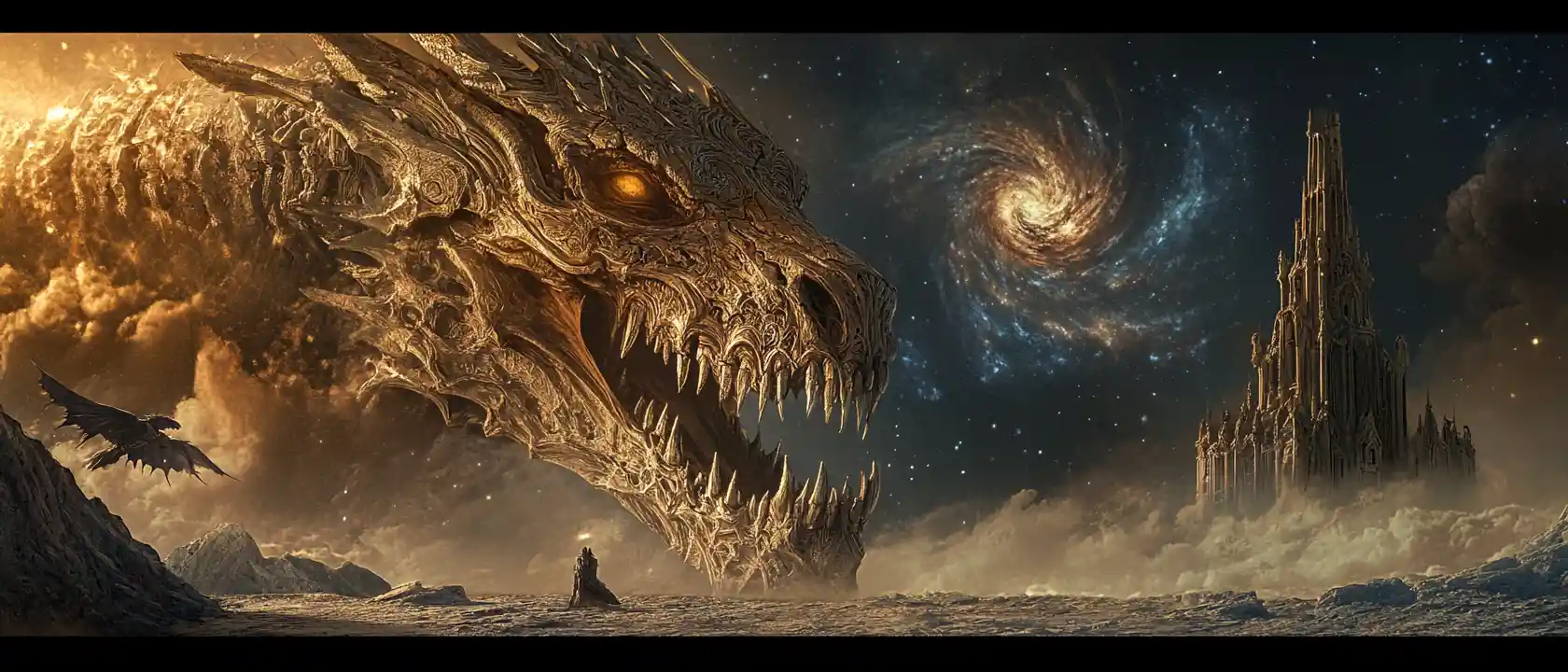 Giant dragon skull fused with gothic cosmic architecture