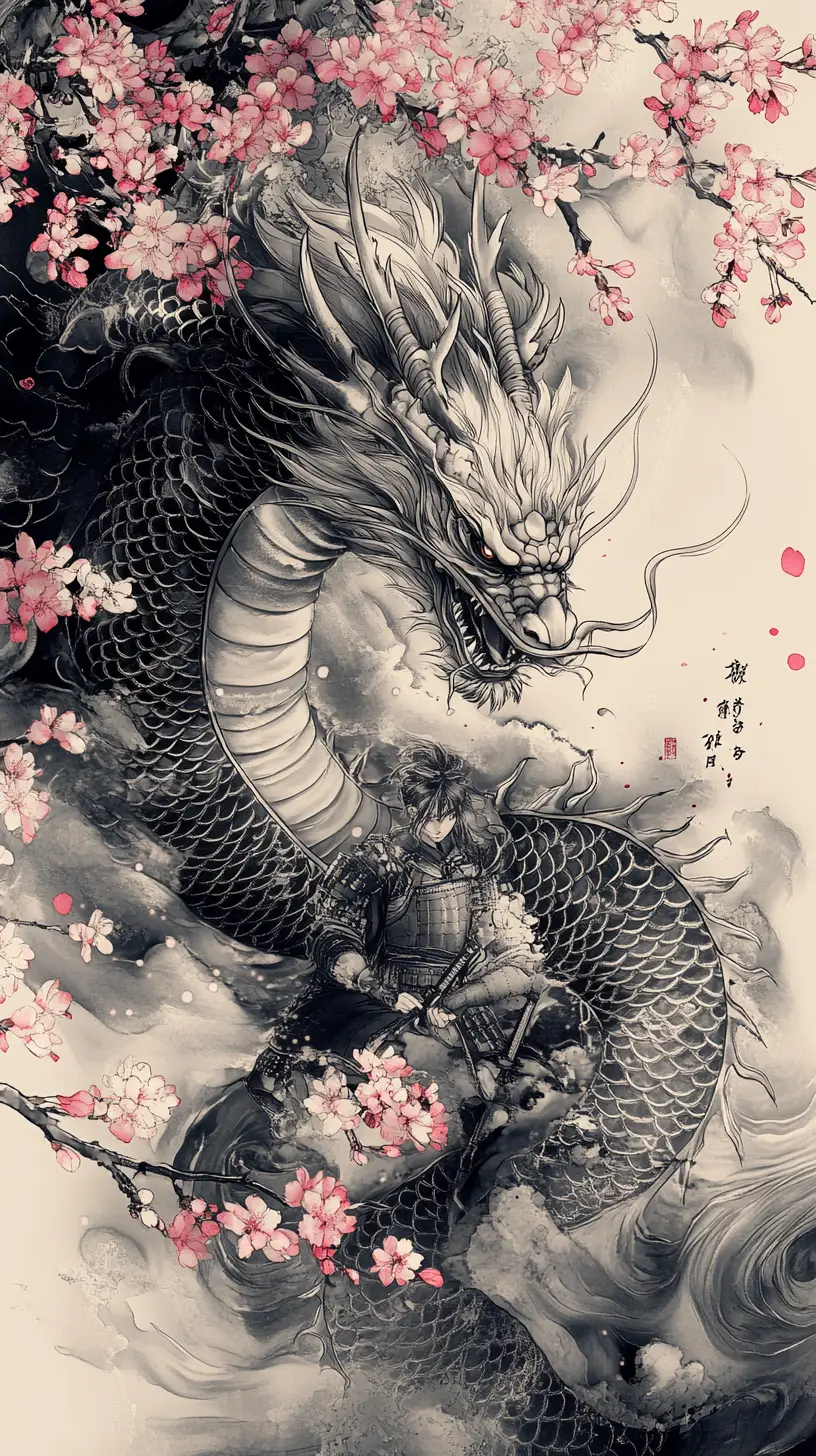 櫻花中守護武士的日本龍