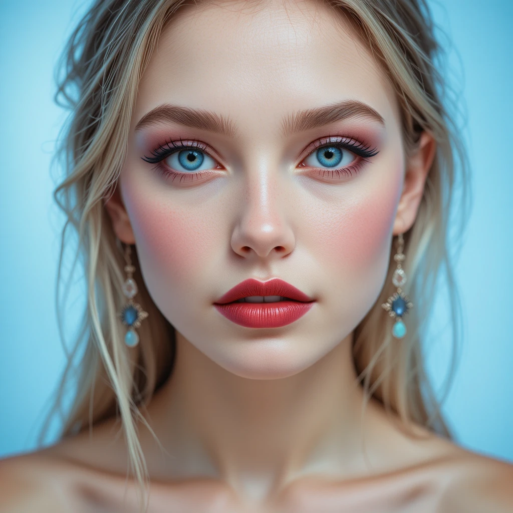 Blonde young woman close up with red lips and earrings