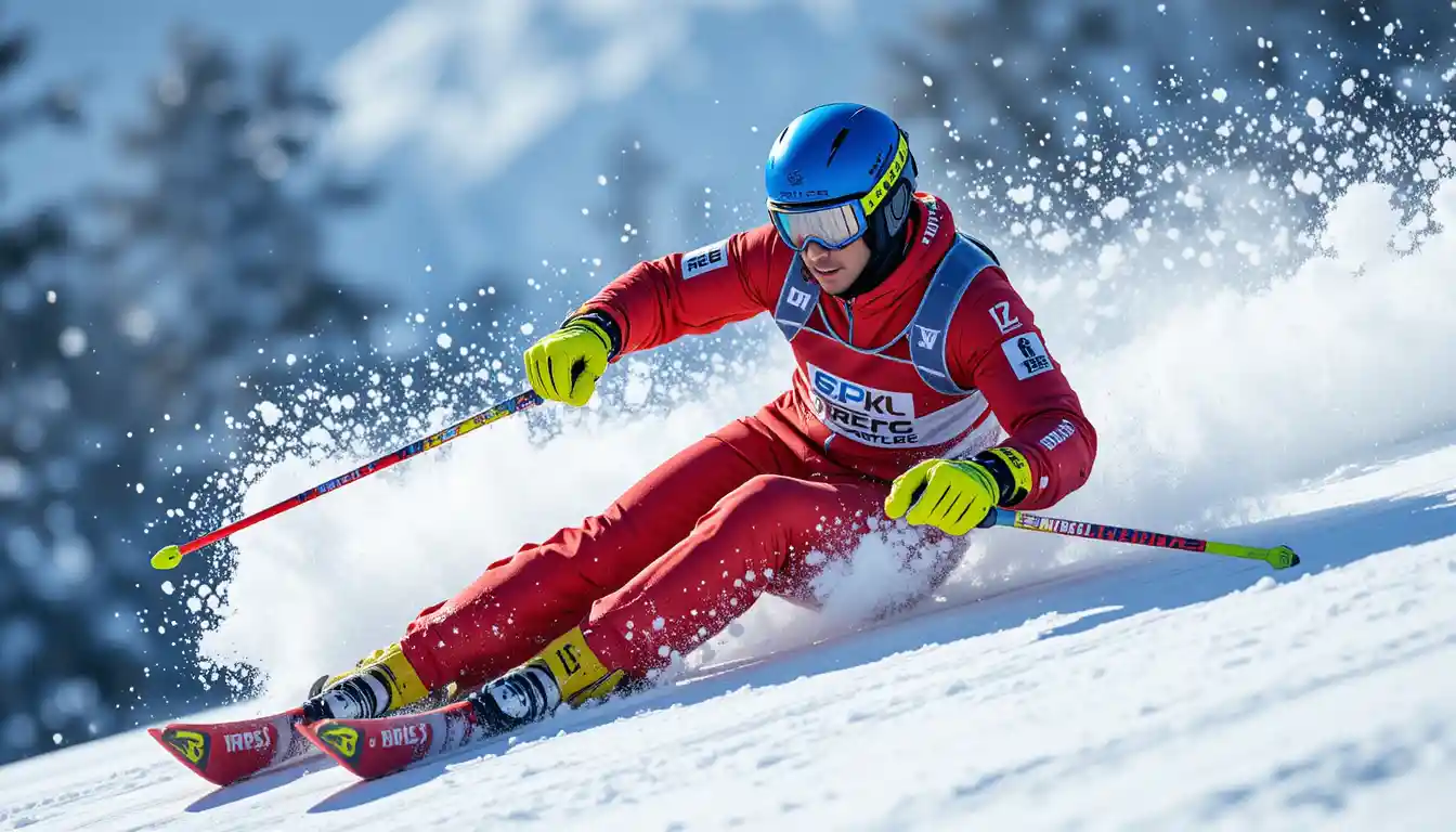 Skieur en rouge dévalant une pente de montagne enneigée