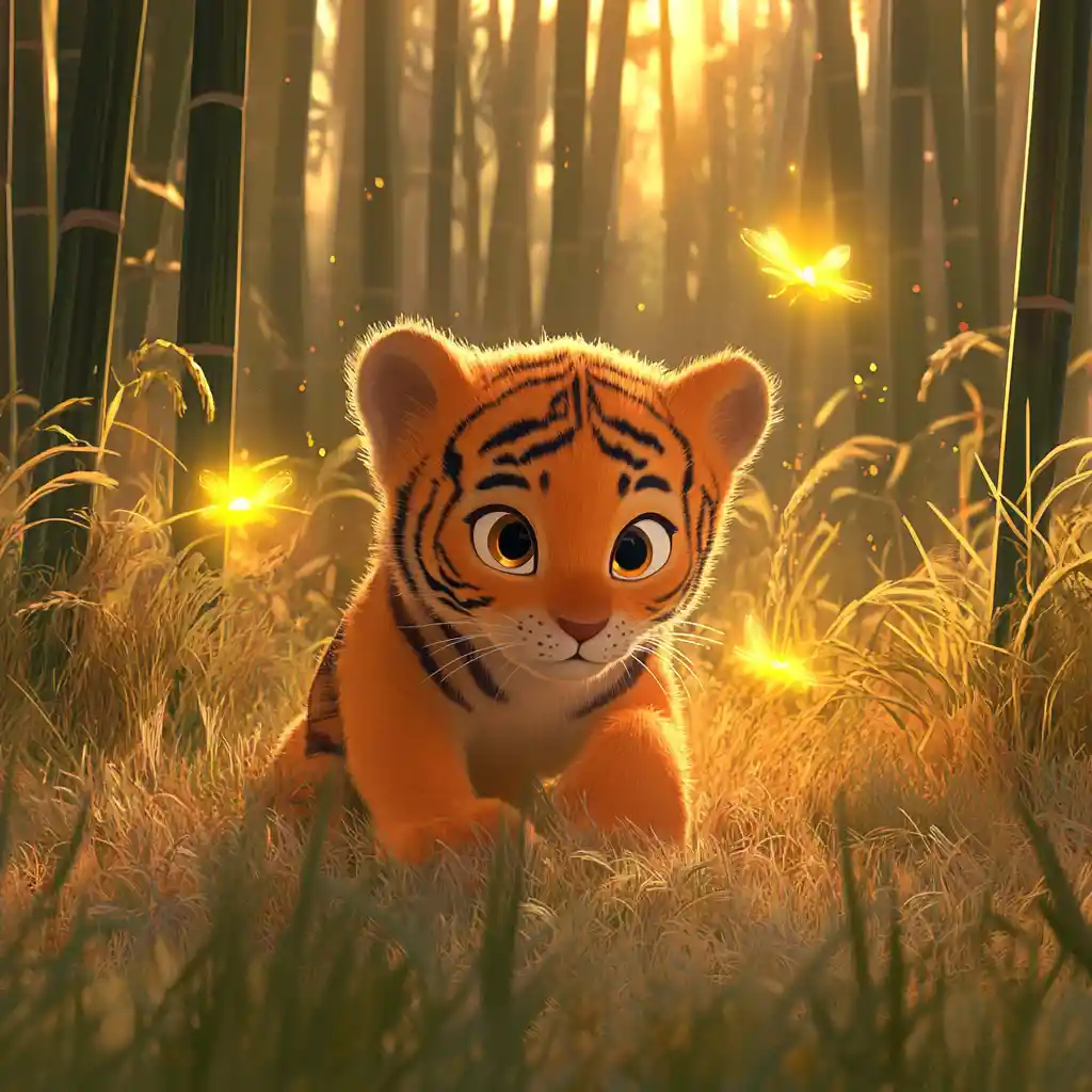 Cucciolo di tigre giocoso con lucciole luminose nel bambù