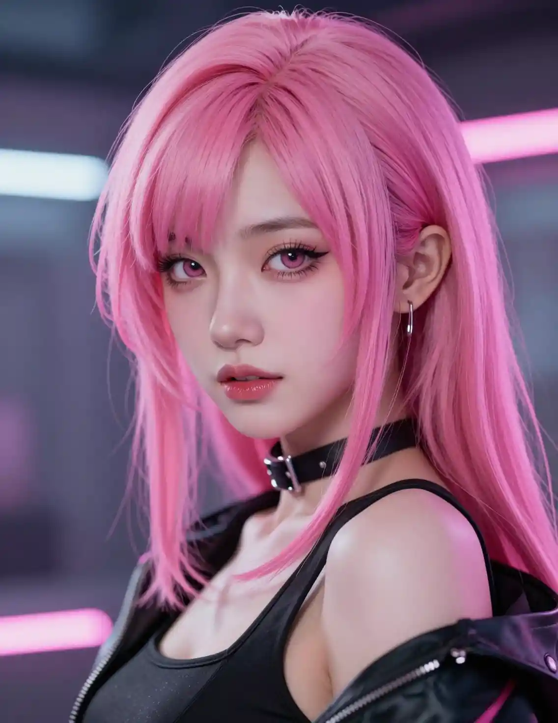 Retrato de chica cyberpunk con vibrante cabello rosa futurista