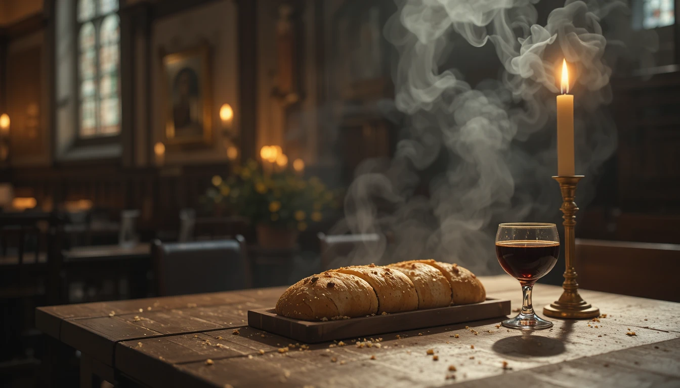 Pane e vino su un altare di legno in una chiesa illuminata dalle candele