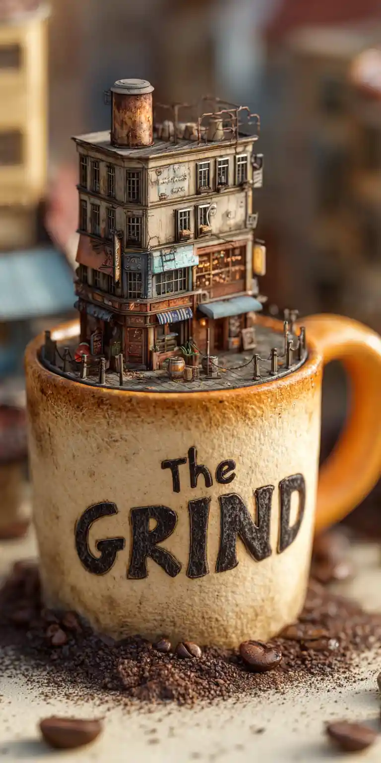Miniature coffee mug cafe diorama on wooden tabletop