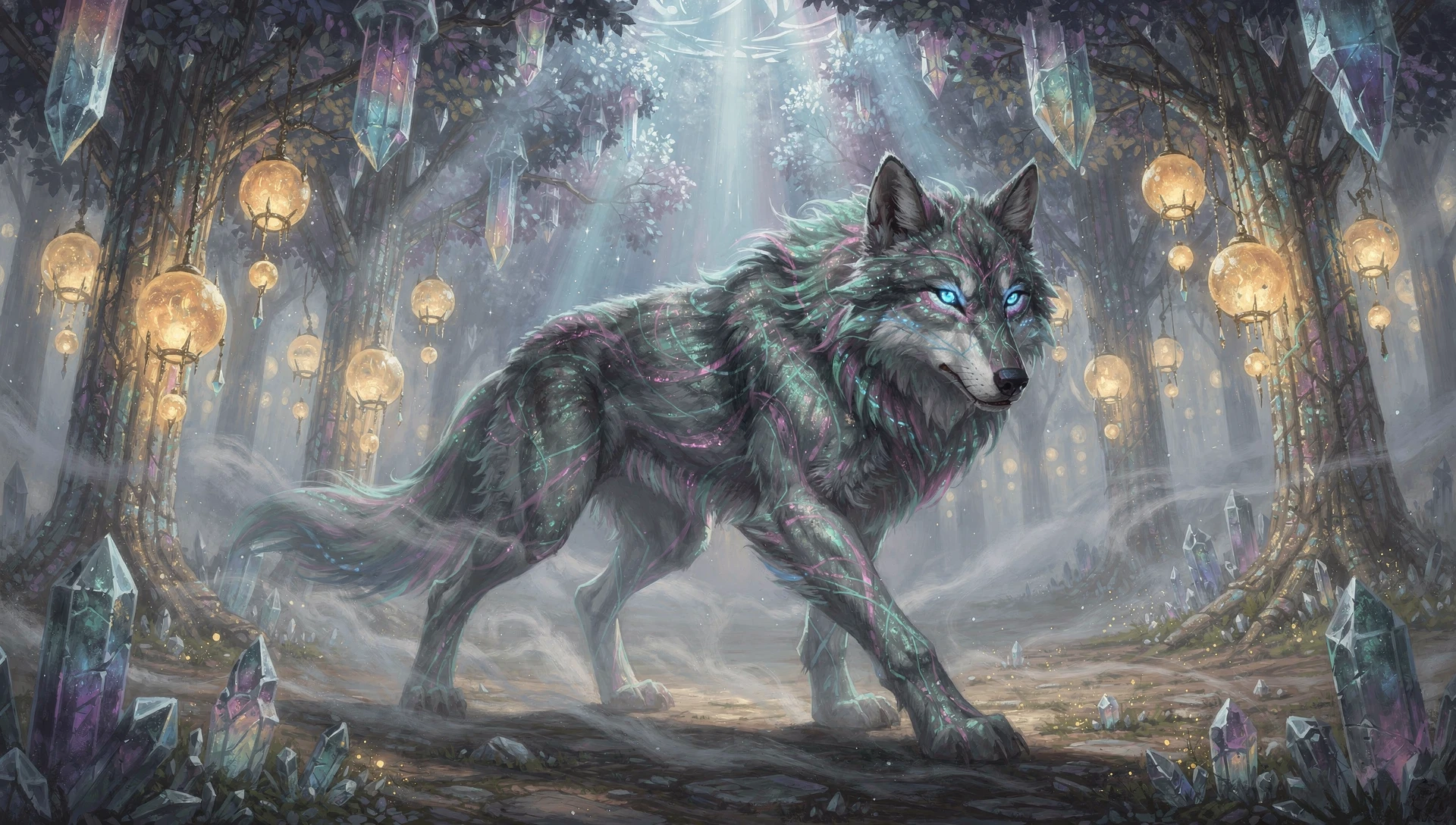 Lobo espectral caminhando por uma floresta fantástica de cristais invertidos