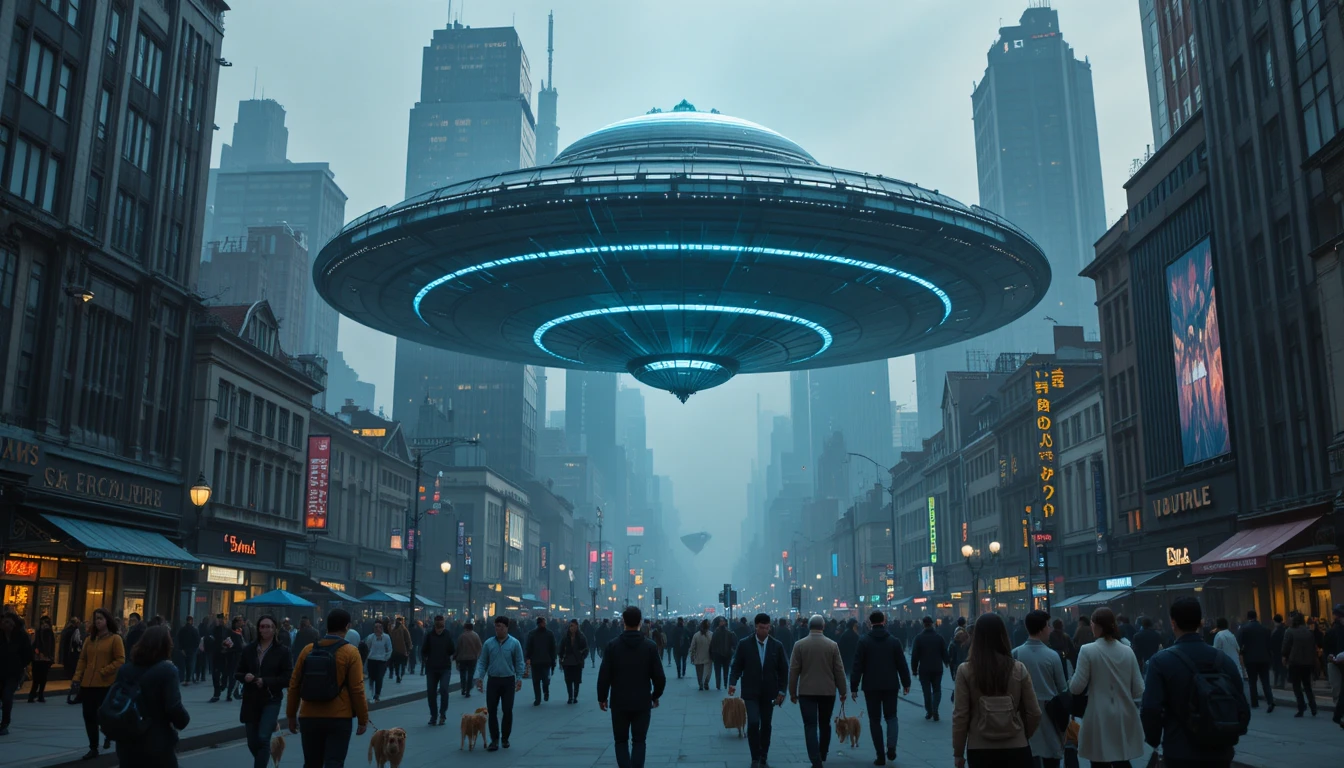 Giant UFO Hovering Over A Busy Modern Cityscape