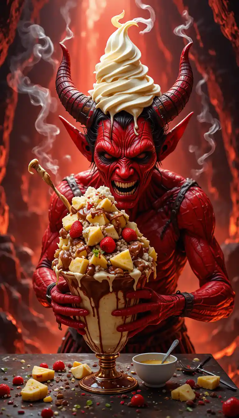 Demônio vermelho assustador fazendo sundae de sorvete no inferno