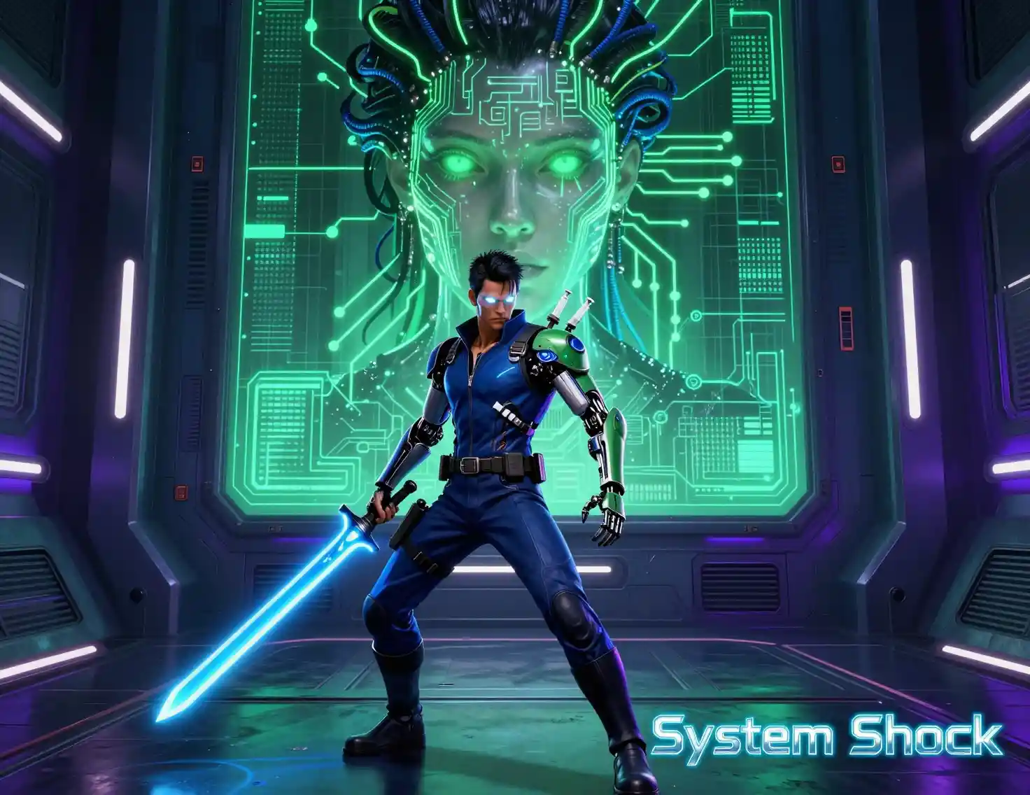 Guerreiro ciborgue com espada de energia em corredor sci-fi neon