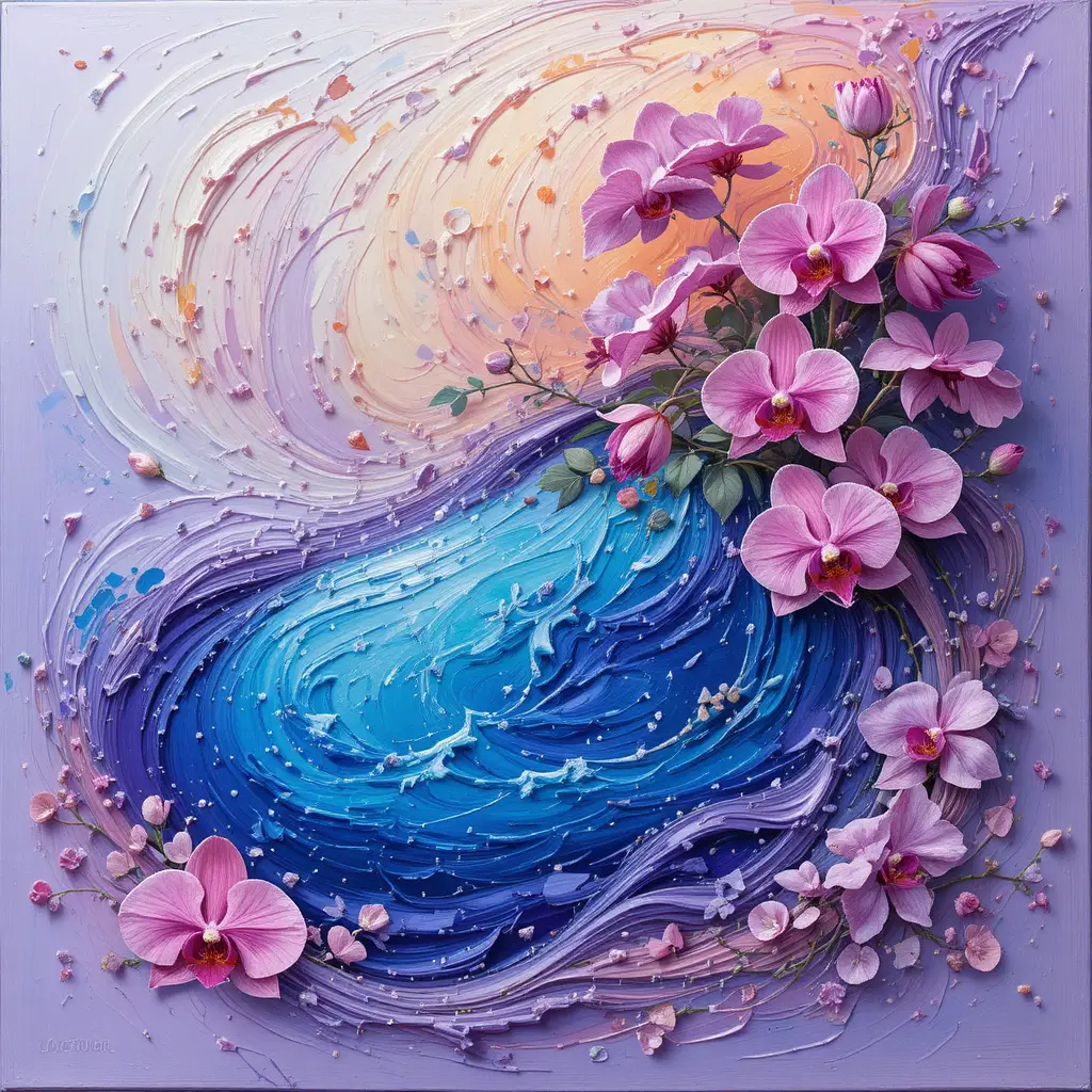 Impasto-Pastellgemälde einer blauen Lagune mit Orchideen