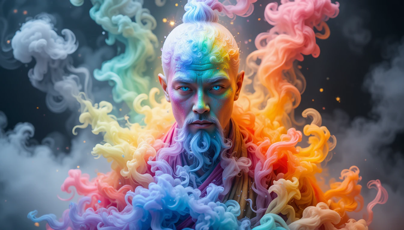 Moine chinois en fumée arc-en-ciel aux yeux bleus lumineux