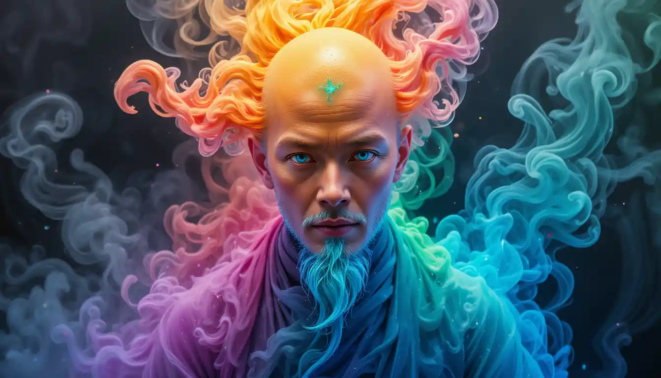 彩虹煙霧中的藍眼中國僧侶