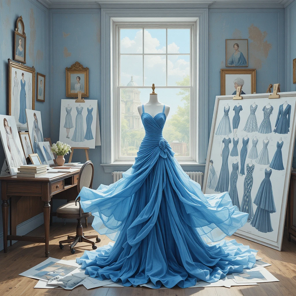 Blue dress on stand in pastel painted fashion studio room